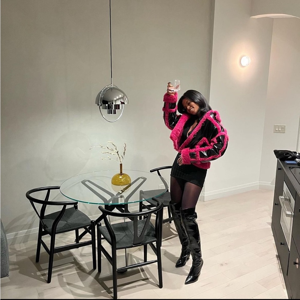 Black Vinyl Shearling Style Coat with Pink Faux Fur